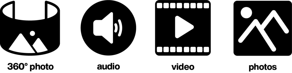 icons to indicate virtual field trip has panospheres, video, audio, and photos.